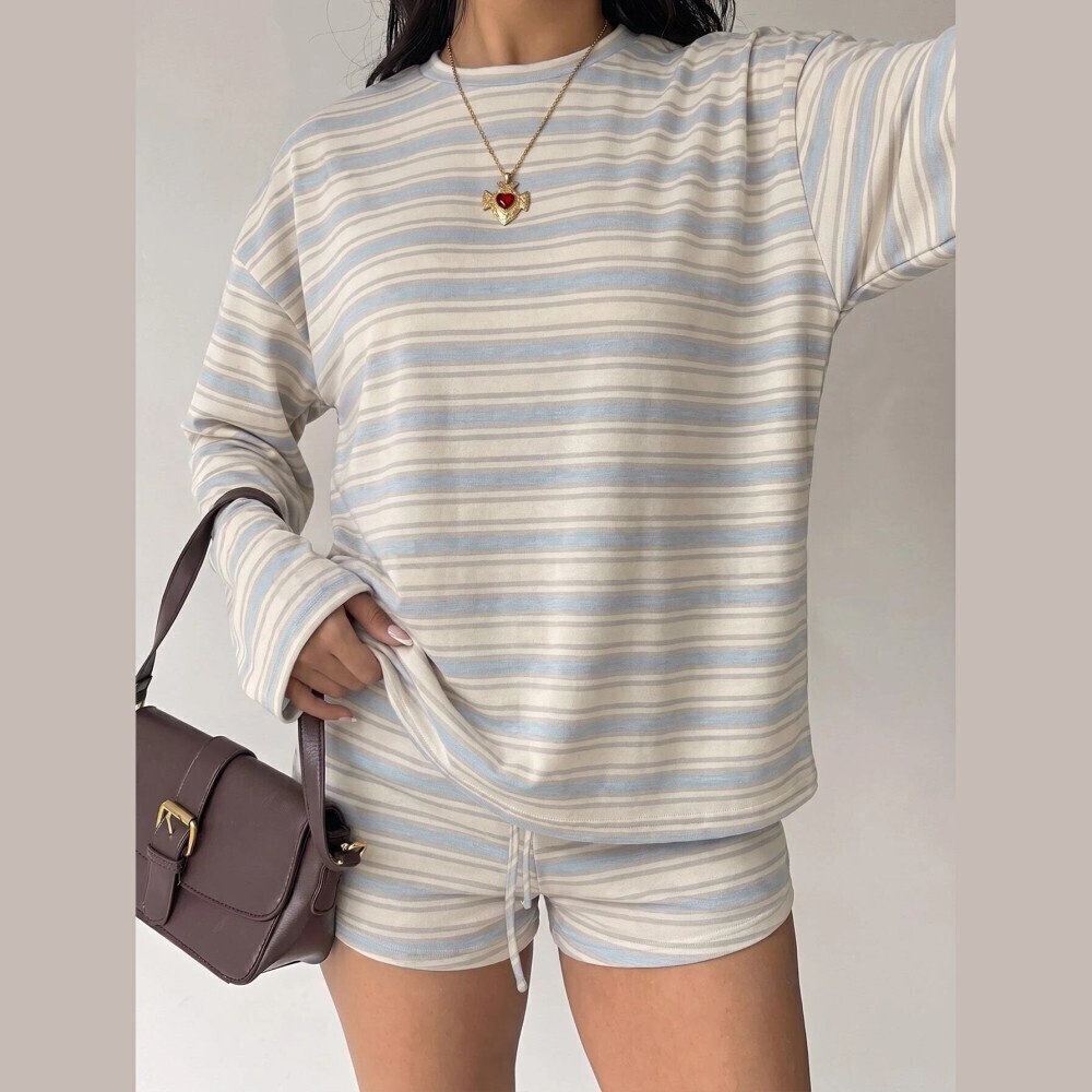 Blue Cream Striped Long Sleeve Tee and Drawstring Mini Shorts Set